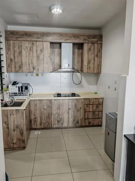 Kitchen features: wood cabinetry with a natural finish, white countertop, built-in gas hob, stainless-steel range hood, single-bowl stainless-steel sink, dishwasher, tile backsplash, ceramic tile flooring, recessed ceiling lights, window with horizontal blinds, built-in microwave, fridge, open shelving; style: modern.