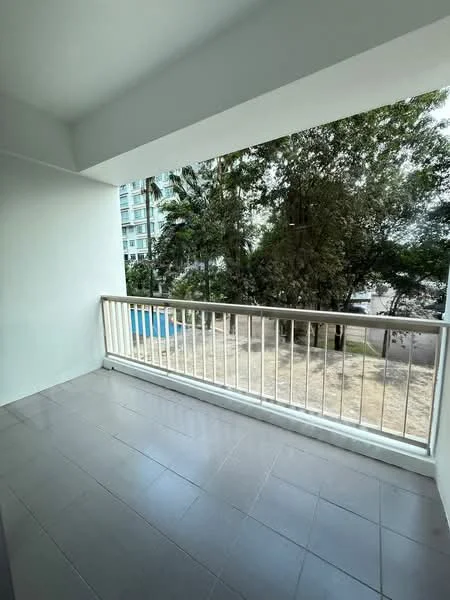 Balcony features: grey tiled flooring, metal railing, view of garden, view of swimming pool, overhead ceiling, white painted walls; style: modern; view: garden.