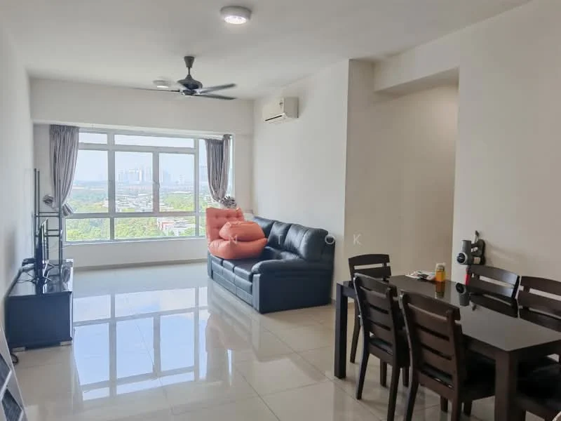 Living features: floor-to-ceiling windows, grey leather sofa, 3-seater sofa, ceiling fan, wall-mounted TV, glass coffee table, dining table with 4 chairs, white painted walls, polished tile flooring, air conditioning unit; style: modern; view: city.