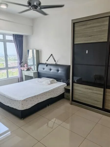 Bedroom features: queen-size bed, upholstered headboard, bedside table, built-in wardrobe with sliding doors, floor-to-ceiling window, curtains, ceiling fan, tile flooring, decorative mirror, dressing table, wall-mounted decor; style: modern; view: city.