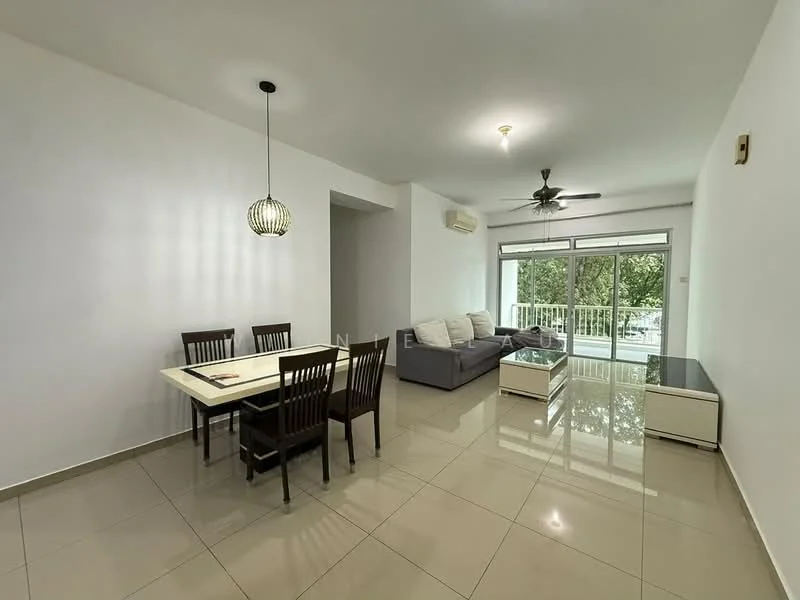 Living features: white painted walls, glossy beige tile flooring, 5-blade ceiling fan, recessed downlights, sofa with light upholstery, coffee table with glass top, TV console, dining table for 6, chairs with wooden frames, floor-to-ceiling windows, balcony access, curtains, air conditioning unit; style: modern; view: garden.