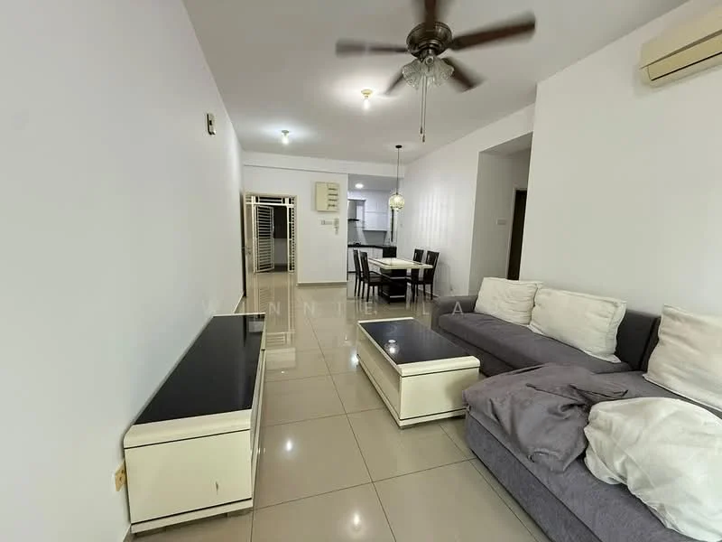 Living features: grey fabric sectional sofa, white coffee table, TV console in white, ceiling fan with light, recessed lighting, cream tiled flooring, white painted walls, air conditioning unit on wall; style: modern. Dining features: 4-seater dining table, black dining chairs, white pendant light above table; style: modern.