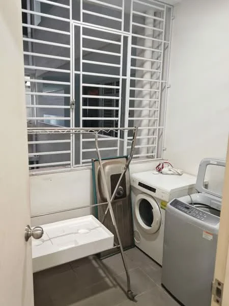 Laundry features: front-load washing machine, top-load washing machine, laundry sink with drying rack, grey tiled flooring, white painted walls, window with security grille.