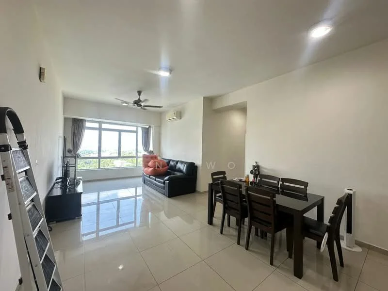 Living features: white painted walls, glossy ceramic tile flooring, 5-blade ceiling fan with light, floor-to-ceiling windows, black leather sofa, black TV console, dining table for 6 with black wooden chairs, curtains, air conditioning unit; style: modern; view: city.