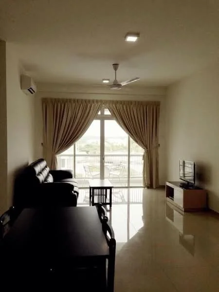 Living features: 3-seater leather sofa in black, coffee table, TV console, wall-mounted TV, floor-to-ceiling windows, sheer curtains, 5-blade ceiling fan with light, wall-mounted split AC, polished tile flooring, decorative mirror, area rug; style: modern; view: garden.