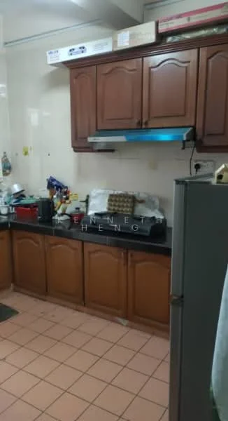 Kitchen features: brown wooden cabinetry, black countertop, stainless-steel range hood, built-in stove, sink, refrigerator, tile flooring, wall-mounted shelves, various kitchen utensils, window above sink, light fixture, cream painted walls; style: traditional.