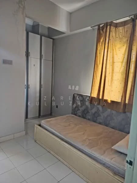 Bedroom features: single bed frame, mattress, grey upholstered headboard, built-in wardrobe with sliding doors, white walls, tile flooring, curtains with yellow pattern, window with natural light.
