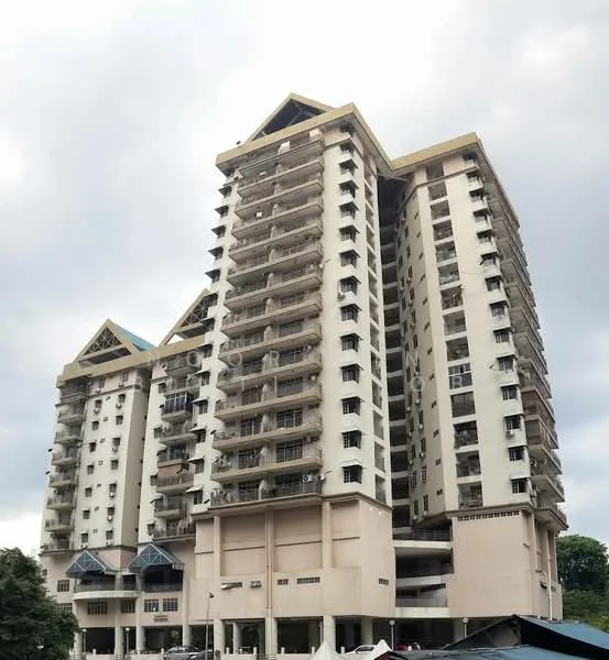Exterior type: high-rise condominium; features: cream painted facade, glass curtain wall, recessed balconies, flat roof, approximately 12-storey high-rise, manicured landscaping, multiple balconies, main entrance with awning; style: modern.
