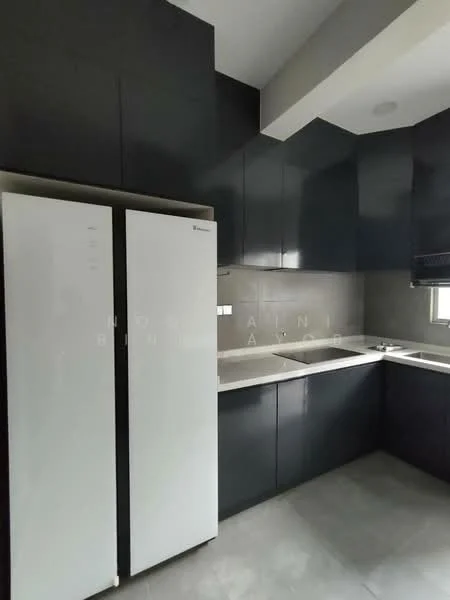 Kitchen features: white double-door fridge, black cabinetry, grey tiled backsplash, white countertop, stainless-steel sink, chrome pull-down faucet, grey floor tiles, wall-mounted range hood; style: modern.
