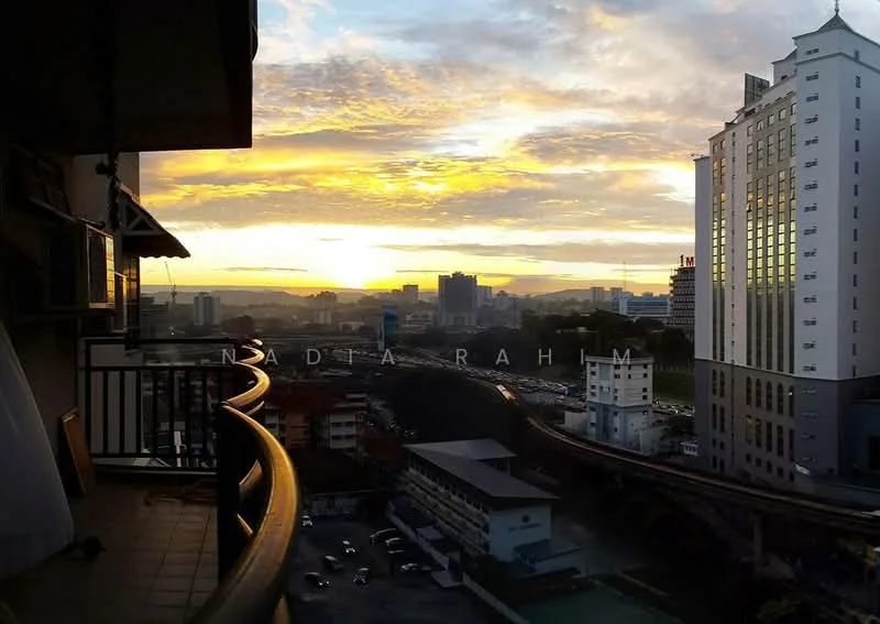 Room features: balcony, city skyline view, sunset, glass railing, floor tiles, outdoor space; view: city.
