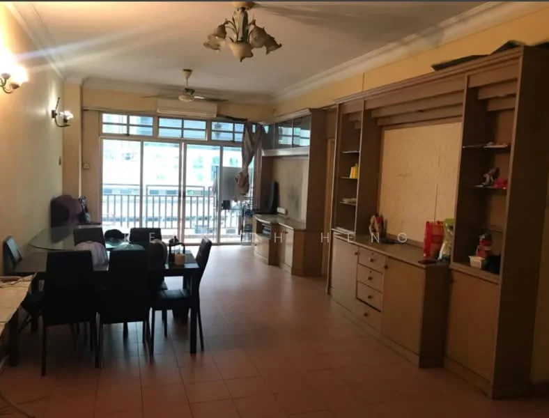 Living features: cream painted walls, pink tiled flooring, ceiling fan, recessed downlights, wall-mounted TV, built-in cabinetry, dining table with chairs, sliding glass door, balcony access, sofa, decorative items on shelves.