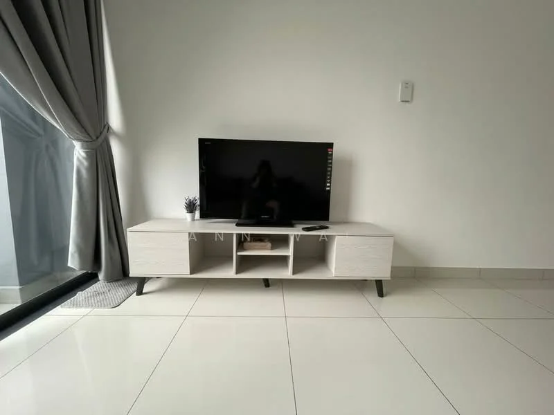 Living features: white painted walls, glossy tile flooring, floor-to-ceiling windows, grey curtains, TV console in white, flat-screen TV, decorative plant on console, minimalist design; style: modern.