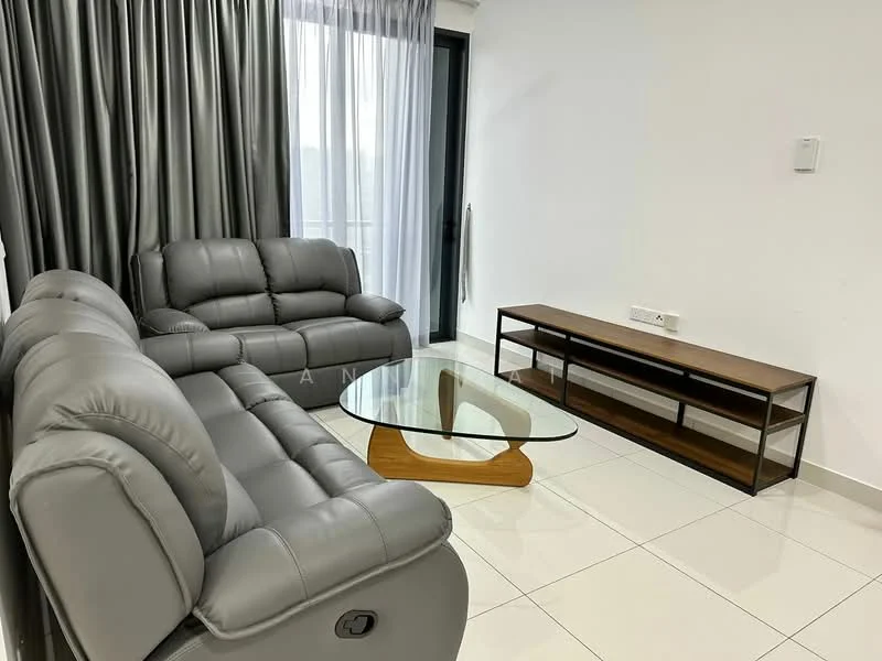 Living features: grey leather 3-seater sofa, grey leather 2-seater sofa, glass coffee table, wooden TV console, white painted walls, floor-to-ceiling windows with sheer curtains, glossy tile flooring, recessed downlights; style: modern.
