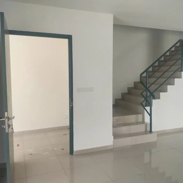 Room features: white painted walls, light grey tiled flooring, staircase with metal railing, doorway leading to another room, natural light from window, minimalist design, neutral color palette; style: modern.