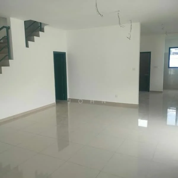 Room features: white painted walls, glossy tile flooring, staircase with dark railing, large windows for natural light, open layout, no visible furniture, high ceiling, neutral color scheme; style: modern.