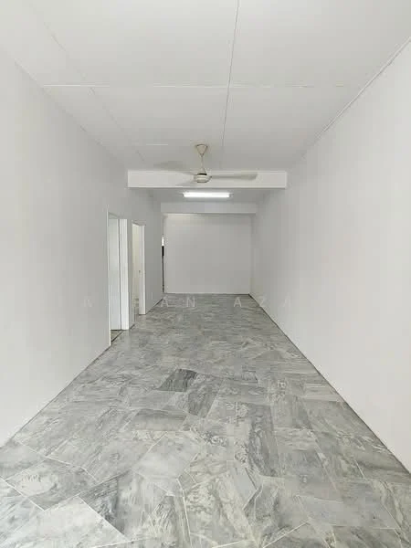 Room features: white painted walls, marble tile flooring, ceiling fan, recessed lighting, open layout, no visible furniture, neutral color scheme, large space; style: minimalist.