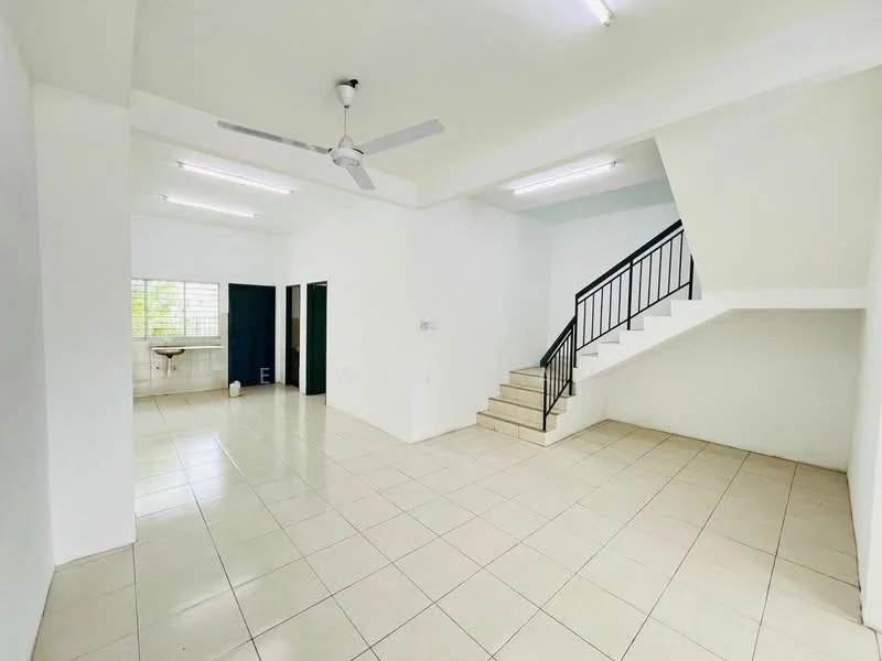 Living features: white painted walls, tile flooring, 5-blade ceiling fan, staircase with black railing, large windows, natural light, open layout, neutral color scheme; style: modern. Kitchen features: white painted walls, tile flooring, window with grid pattern, countertop, sink, open layout to living area; style: modern.