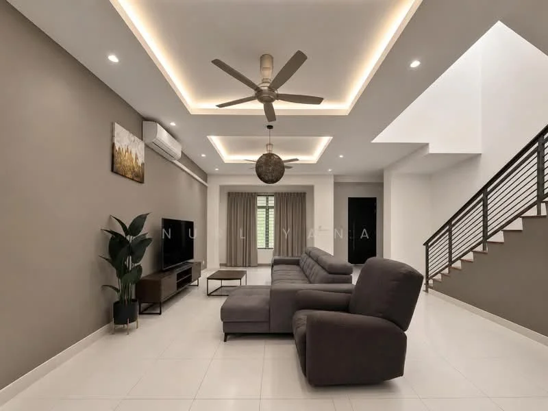 Living features: 5-blade ceiling fan with integrated LED light, sofa in grey fabric, coffee table, wall-mounted TV, TV console, recessed downlights, cream painted walls, white ceiling with cove lighting, large window with sheer curtains, decorative wall art, tile flooring, indoor plant in ceramic pot, staircase with metal railing; style: modern.