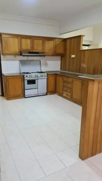 Kitchen features: wood cabinetry, stainless-steel gas stove, exhaust hood, grey countertop, white tiled backsplash, ceramic tile flooring, double-bowl stainless-steel sink, open shelving, built-in cabinets; style: traditional.