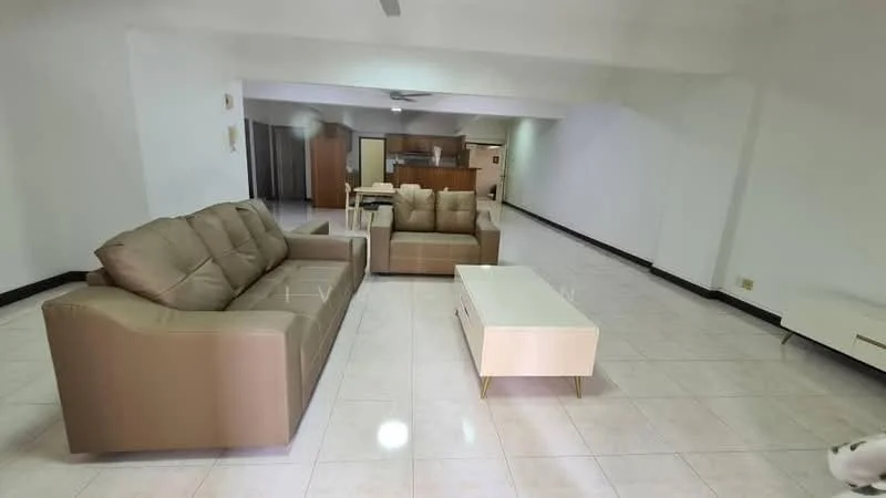 Living features: beige leather 3-seater sofa, beige leather 2-seater sofa, white coffee table with gold legs, white TV console, cream tiled flooring, white painted walls, ceiling fan, recessed lighting; style: modern.