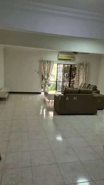 Living features: cream painted walls, glossy tile flooring, 5-blade ceiling fan, floor-to-ceiling windows, sliding glass door, sheer curtains, sofa in beige, coffee table, TV console, decorative plants, air conditioning unit; style: modern; view: garden.