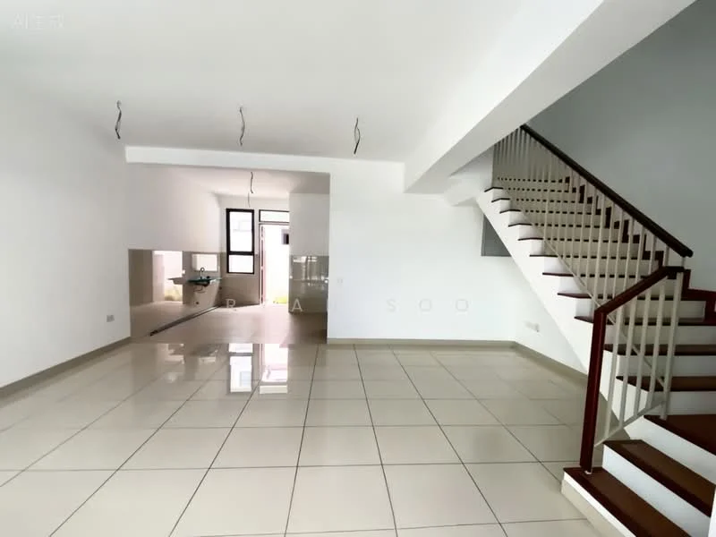 Living features: white painted walls, glossy tile flooring, recessed downlights, staircase with wooden handrail, large windows for natural light, open layout, neutral color scheme, high ceiling; style: modern. Kitchen features: white cabinetry, countertop with backsplash, sink, open to living area; style: modern.