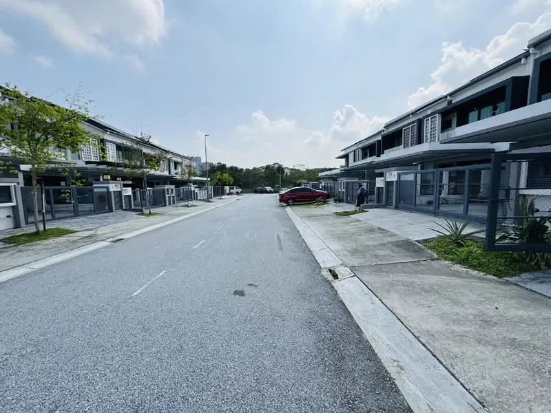 Exterior type: linked terrace house; features: manicured lawn, paved walkway, two-storey houses, driveway with interlocking pavers, street lighting, surrounded by greenery, open parking spaces, fenced front yards; style: modern.