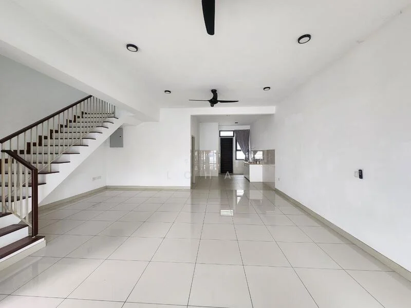Living features: white painted walls, glossy ceramic tile flooring, 5-blade ceiling fan, recessed downlights, staircase with wooden railing, open layout, large windows for natural light, neutral color scheme; style: modern.