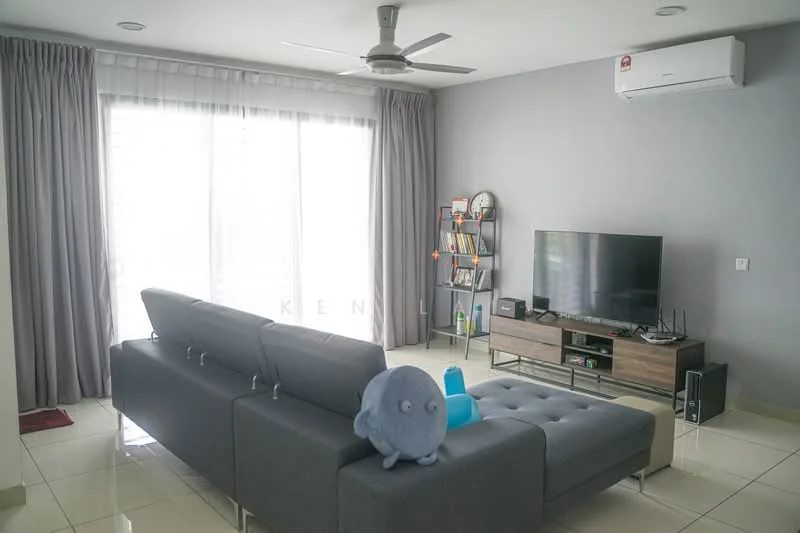 Living features: grey fabric sectional sofa, coffee table, wall-mounted TV, TV console, bookshelf, 5-blade ceiling fan with light, recessed downlights, cream curtains, white walls, glossy tile flooring, air conditioning unit; style: modern.