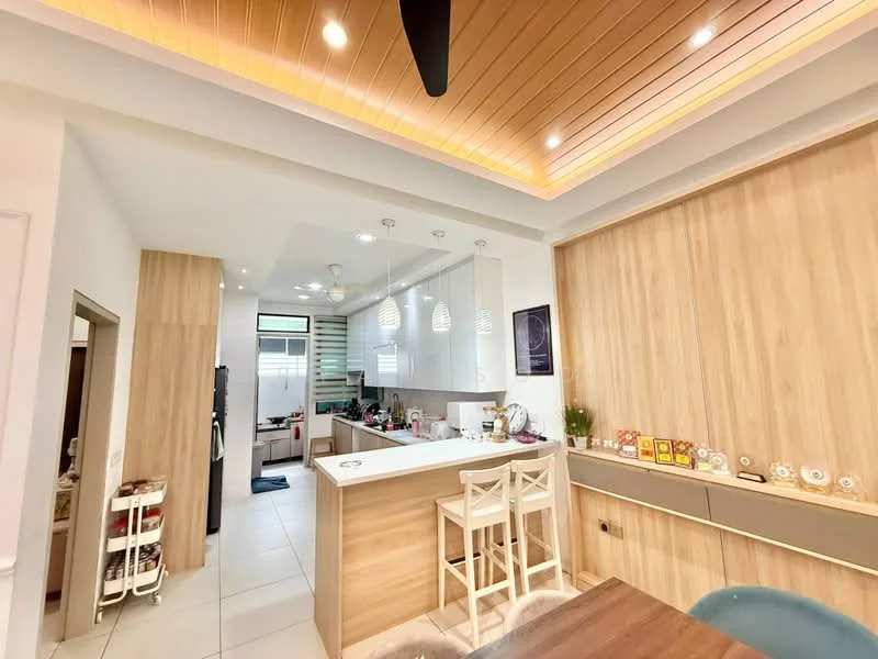 Kitchen features: white cabinetry, wooden countertop, stainless-steel appliances, built-in oven, refrigerator, kitchen island with seating, pendant lighting, recessed downlights, tile flooring, wooden ceiling with LED strip lighting, open shelving, decorative items on countertop; style: modern.