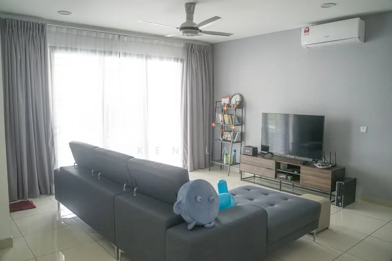 Living features: grey fabric sectional sofa, coffee table, wall-mounted TV, TV console with storage, floor-to-ceiling windows, sheer curtains, recessed downlights, ceiling fan, light grey painted walls, white tiled flooring, decorative shelving unit, decorative plush toy; style: modern.