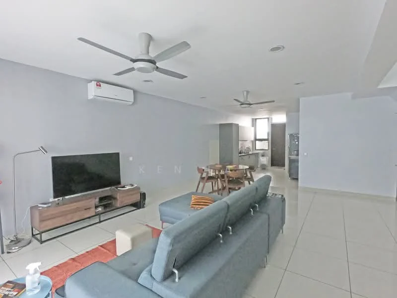 Living features: 3-seater fabric sofa in blue, coffee table, wall-mounted TV, TV console, area rug, 2 ceiling fans, recessed downlights, white painted walls, tile flooring, large window, open layout to kitchen and dining area; style: modern. Kitchen features: kitchen cabinets, refrigerator, countertop, stainless-steel sink, built-in oven, 4-burner gas hob, exhaust hood, tile flooring, white walls, window; style: modern.