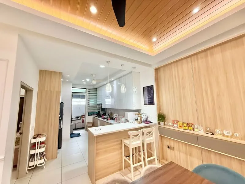 Kitchen features: white cabinetry, wooden accent wall, island with seating for two, stainless-steel appliances, built-in oven, refrigerator, ceramic tile flooring, recessed downlights, pendant lighting, open shelving, countertop with integrated sink, window with natural light, neutral color palette; style: modern.