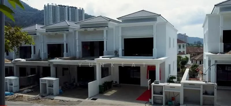Exterior type: linked terrace house; features: white painted facade, flat roof, double-storey, manicured lawn, paved driveway, front porch, large windows, balconies on upper floor, surrounded by greenery, modern architectural design; style: modern.