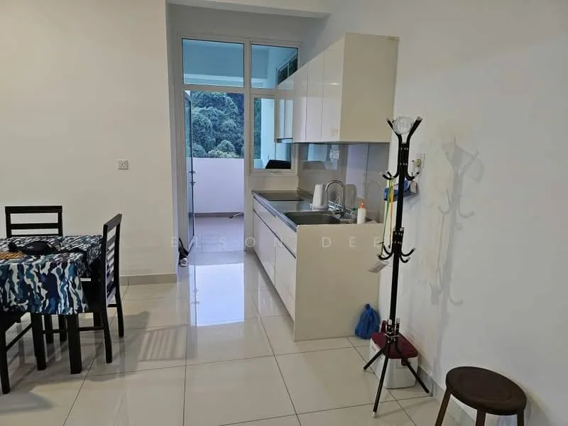 Kitchen features: white cabinetry, stainless-steel sink, chrome pull-down faucet, white countertop, built-in oven, freestanding range oven, ceramic tile flooring, recessed downlights, floor-to-ceiling windows, view of greenery; style: modern; view: garden. Dining features: 4-seater dining table, black wooden chairs, tablecloth with blue pattern; style: modern.