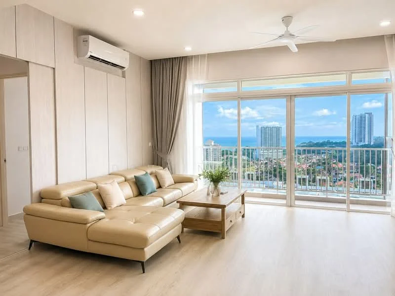 Living features: 3-seater leather sofa in beige, coffee table, floor-to-ceiling windows, curtains, wall-mounted split AC, light wood flooring, decorative plant on table, city and sea view; style: modern; view: sea.