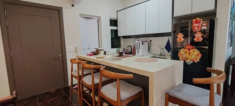 Kitchen features: white cabinetry, black countertop, stainless-steel appliances, single-bowl stainless-steel sink, chrome pull-down faucet, breakfast bar with 4 wooden stools, wall-mounted cabinets, tile backsplash, refrigerator, built-in oven, microwave, window above sink, dark tiled flooring; style: modern.