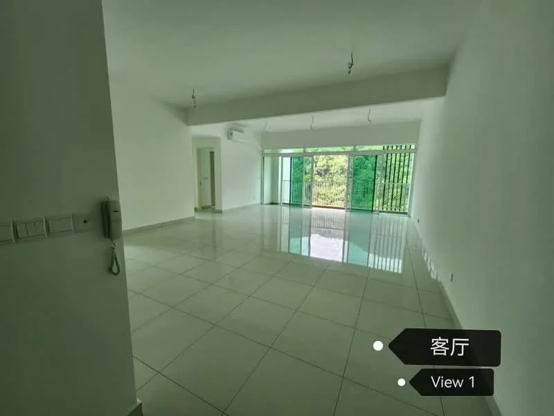 Living features: white painted walls, glossy tile flooring, recessed downlights, floor-to-ceiling windows, sliding glass door, greenery view, air conditioning unit, open layout; style: modern; view: garden.