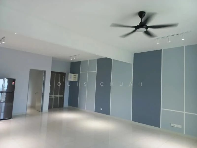Living features: light grey painted walls, dark blue accent wall, white ceiling, 5-blade ceiling fan with light, recessed LED downlights, glossy tile flooring, floor-to-ceiling windows, air conditioning unit, open layout; style: modern.