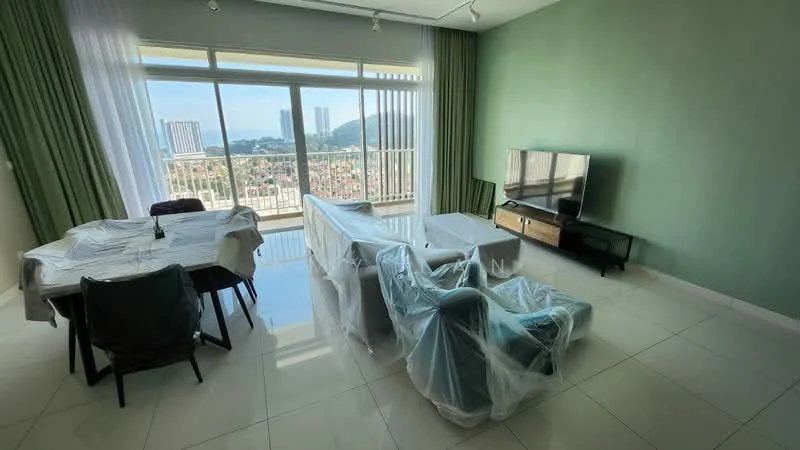 Living features: floor-to-ceiling windows, city view, white walls, glossy tile flooring, sofa covered in plastic, coffee table covered in plastic, TV console, wall-mounted TV, dining table with chairs covered in plastic, curtains, light-colored wall, decorative wall paneling; style: modern; view: city.