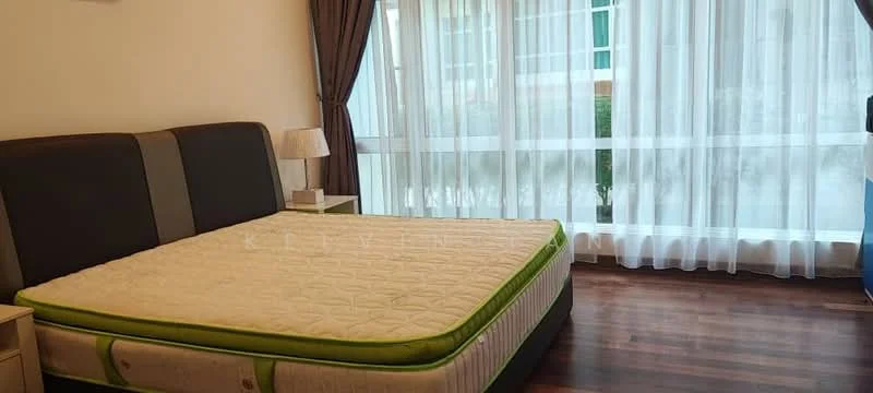 Bedroom features: queen-size bed with green trim, wooden flooring, floor-to-ceiling windows, sheer curtains, nightstand with lamp, decorative plant on windowsill; style: modern; view: garden.
