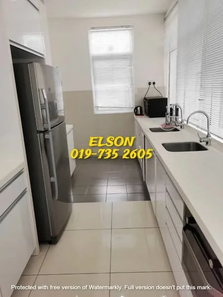 Kitchen features: stainless-steel fridge, white cabinetry, white countertop, single-bowl stainless-steel sink, chrome pull-down faucet, ceramic tile flooring, window with blinds, built-in microwave, kettle, toaster; style: modern.