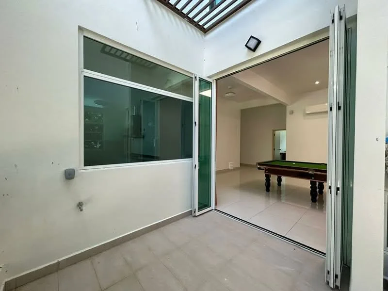 Room features: sliding glass doors, large windows, white painted walls, tile flooring, recessed downlights, ceiling fan, open layout, pool table, natural light from skylight; style: modern.