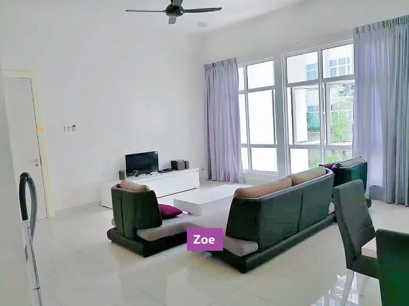 Living features: white painted walls, glossy tile flooring, 5-blade ceiling fan, floor-to-ceiling windows, sheer curtains, L-shape sectional sofa in dark grey, coffee table, TV console, wall-mounted TV, decorative cushions; style: modern; view: garden.