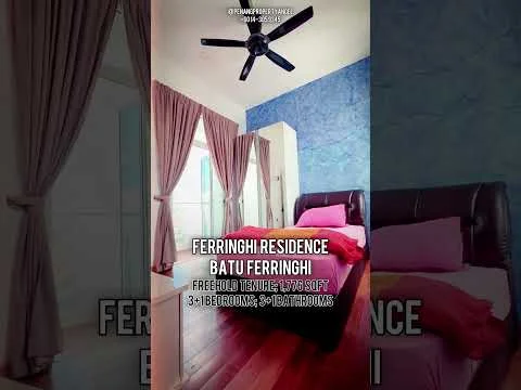 Bedroom features: king-size bed, upholstered headboard, floor-to-ceiling windows, curtains in light brown, ceiling fan, decorative wall with blue pattern, wooden flooring, bedside table, framed artwork on wall; style: modern; view: city.