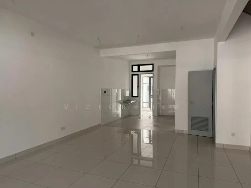 Room features: white painted walls, glossy ceramic tile flooring, large windows with black frames, open layout, kitchen area with backsplash, built-in cabinetry, wall-mounted AC unit, door leading to outdoor area; style: modern.