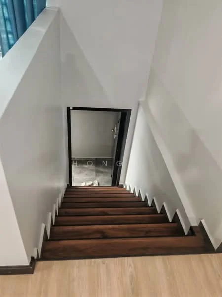 Room features: wooden staircase with dark wood treads, white painted walls, glass door at the bottom of the stairs, light-colored flooring, natural light from windows, handrail along the staircase; style: modern.