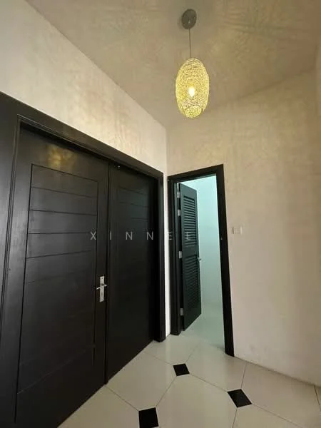 Room features: black wooden doors, white painted walls, pendant light fixture, black and white tile flooring, doorway leading to another room; style: modern.