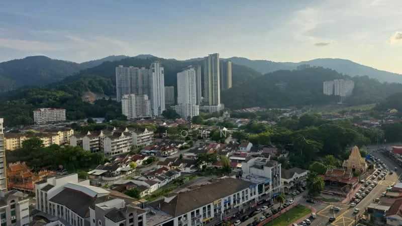 Exterior type: high-rise condominium; features: multiple high-rise buildings, urban skyline, surrounded by hills, mixed-use development, residential and commercial buildings, greenery in the foreground, city view, varied architectural styles; style: modern.