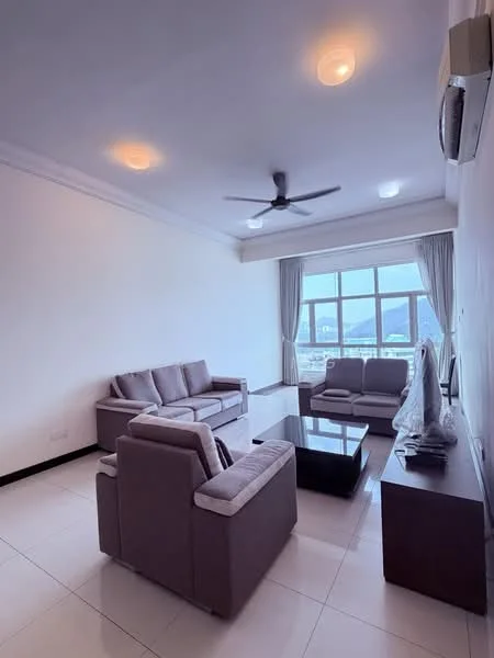 Living features: 3-seater fabric sofa in grey, 2-seater fabric sofa in grey, glass coffee table, ceiling fan with light, floor-to-ceiling windows, curtains, white painted walls, tile flooring, air conditioning unit; style: modern; view: city.